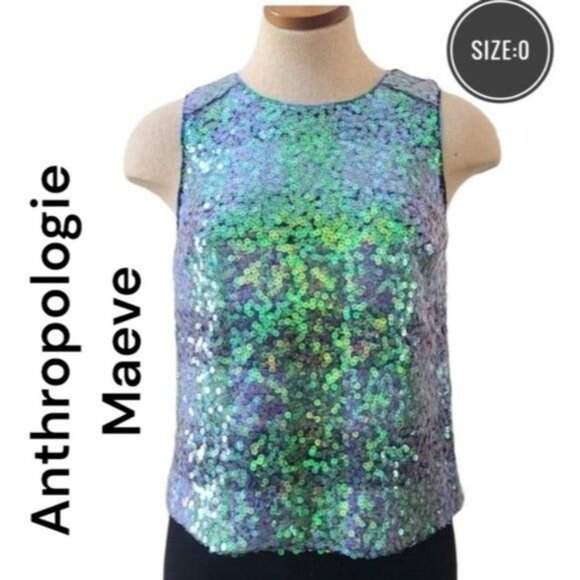 Anthropologie Maeve Amatheia Sequin tank Top size 0  blue green color - Picture 1 of 13